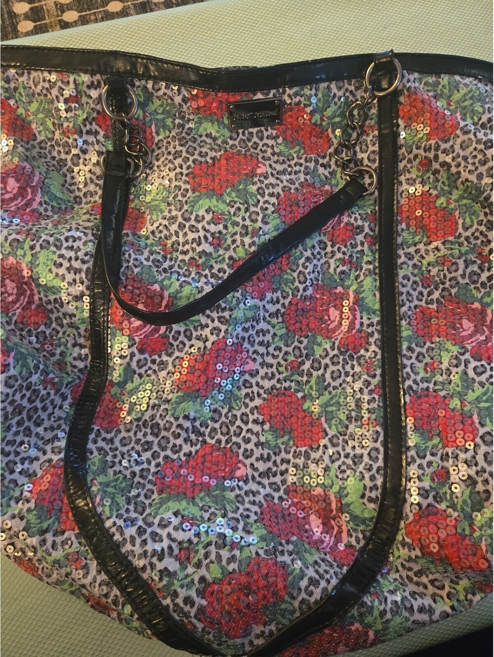 Betsey Johnson Leopard Floral Sequin Large Tote Bag - Picture 5 of 6